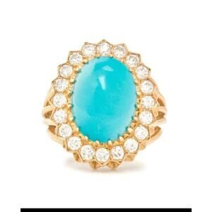 Vintage 14k Gold Turquoise Diamond Halo Ring